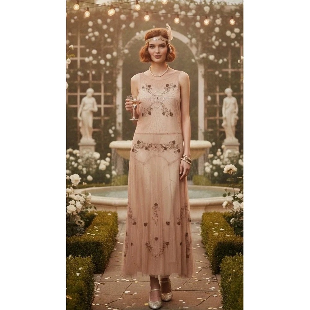 Vintage Newport News Whimsical Fairy Ethereal Blush Beaded Mesh Dress Size 6